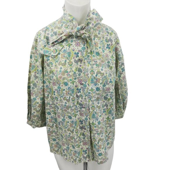 Vintage Handmade Button Front Tie Neck Bow 3/4 Sleeve Blouse Size L? Birds - Picture 3 of 12